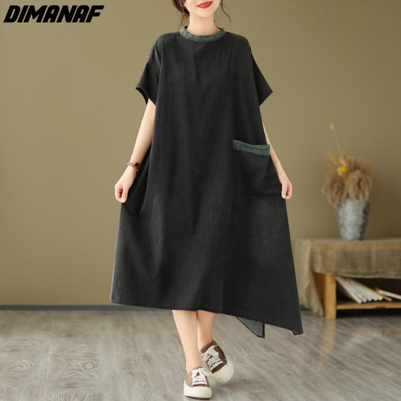 

DIMANAF 2023 женское платье летнее свободное платье больших размеров повседневное джинсовое платье с короткими рукавами нестандартной формы винтажное хлопковое платье M