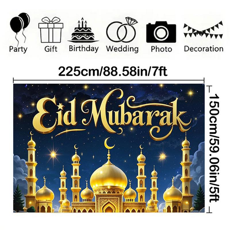 EID Al Adha Celebration Backdrop,Golden Arabian Night Theme with Moon, Stars&Mosque for Festive,Party ,Photo Studio Props