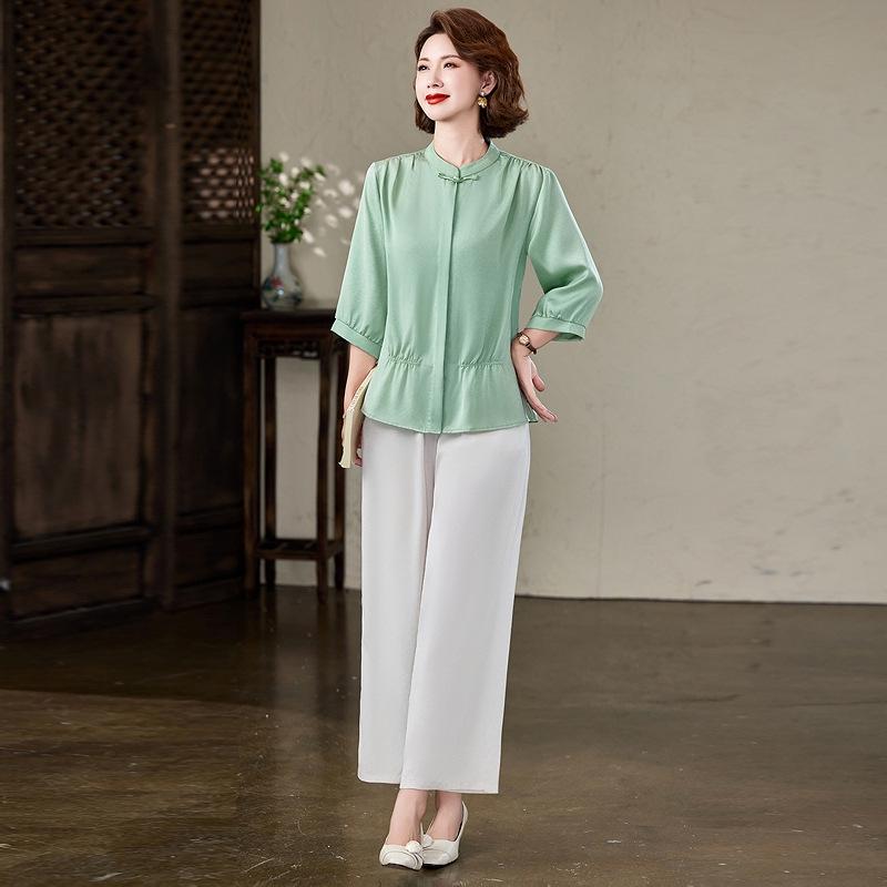 Women s Elegant Loose-Fit Five-Sleeve Round Neck Summer Shirt 5XL (145-160 lbs) зелёный