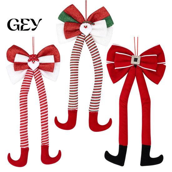 Winter Holiday Home Decoration Christmas Long Legs Bow Ornament, Plush Velvet Hanging Decor with Bendable Soft Ornaments for Xmas Tree Legs, Red White
