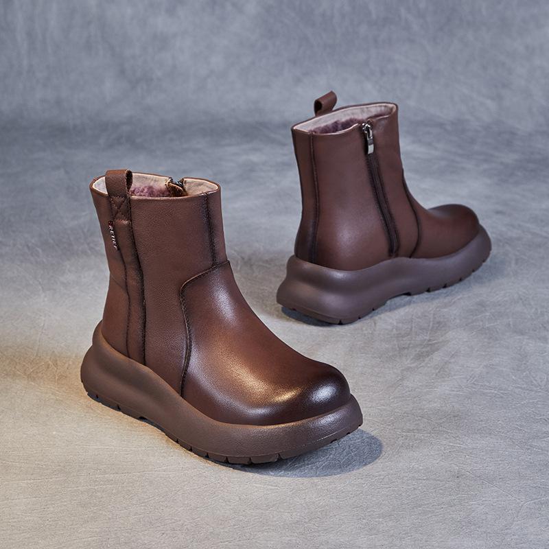 First Layer Cowhide Thick-soled Wool 23 Years Winter Velvet Thickened Mother Shoes Cotton Shoes Women's Medium Tube Leather Snow Boots Women