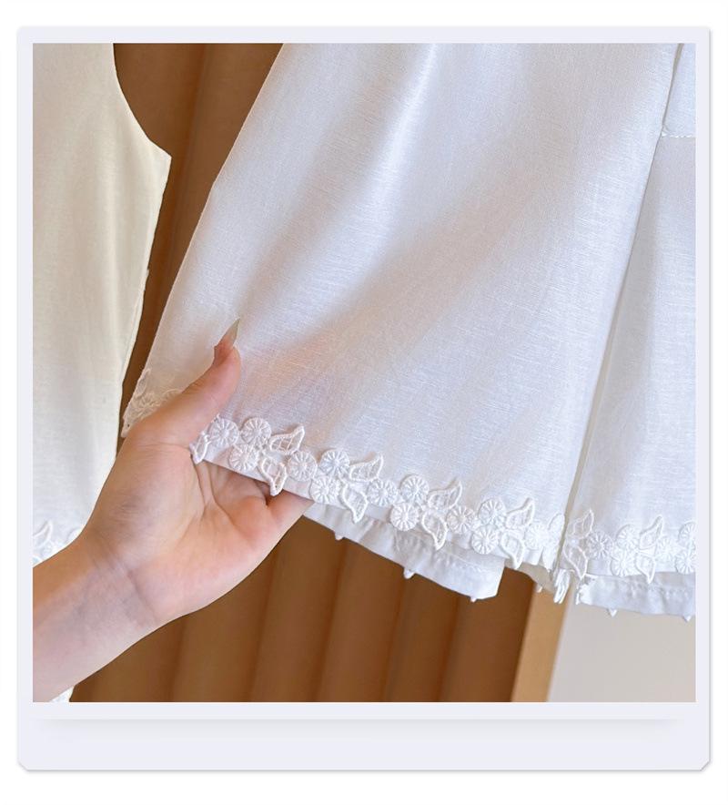 Summer 2025 Women's Chinese Style White Lace Cotton Linen Vest & Shorts Set