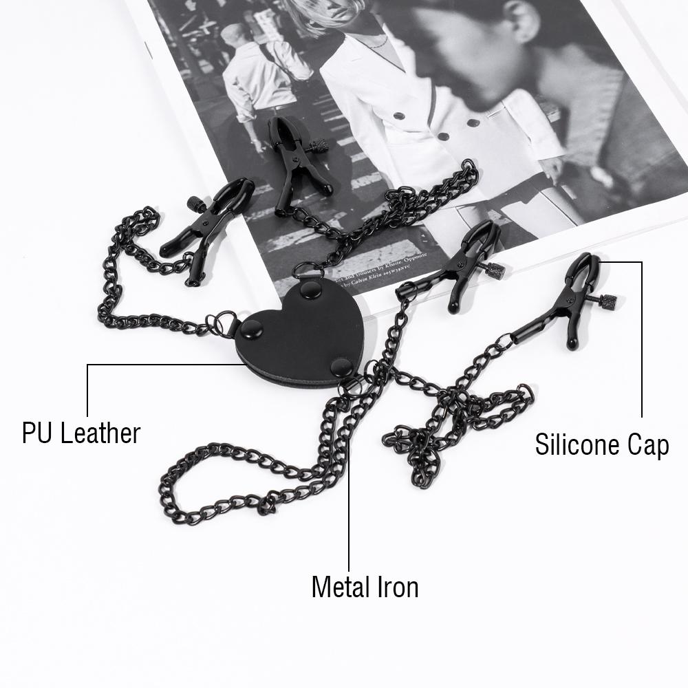 Metal Nipple Clamp with Chains Hearted-Shape Black Nipple Clips Adjustable Breast Clip Adult Sex Toys for Women and