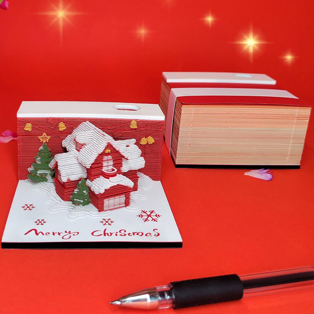 Christmas Village House 3D Memo Pad Aesthetic Desktop Holder Paper Pad Winter Carving Holiday C U0W6