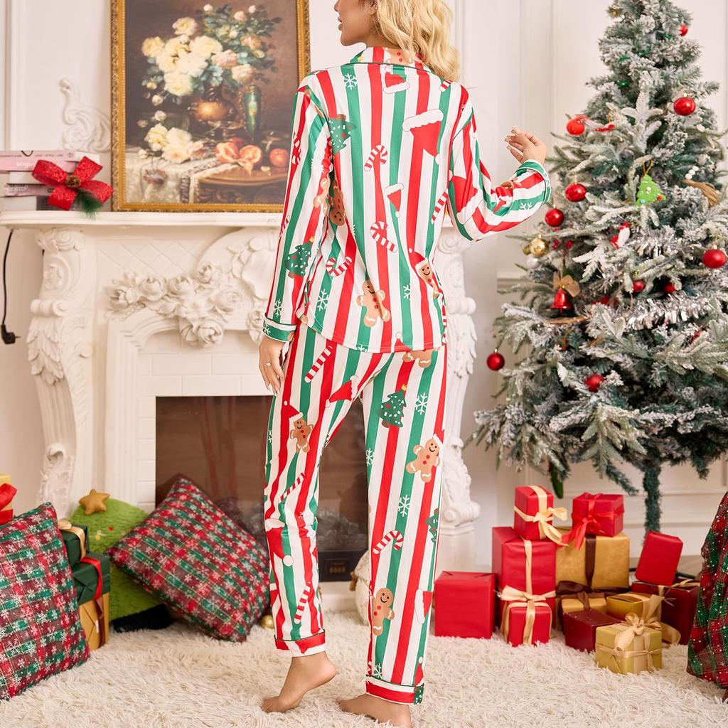 Women's Christmas Pajama Set with Santa Hat - Lapel Long Sleeve Top and Long Pants