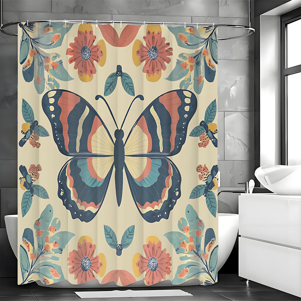 Butterfly Flower Shower Curtain, Bathroom Decorative Shower Curtain, Waterproof Shower Curtain with Hooks