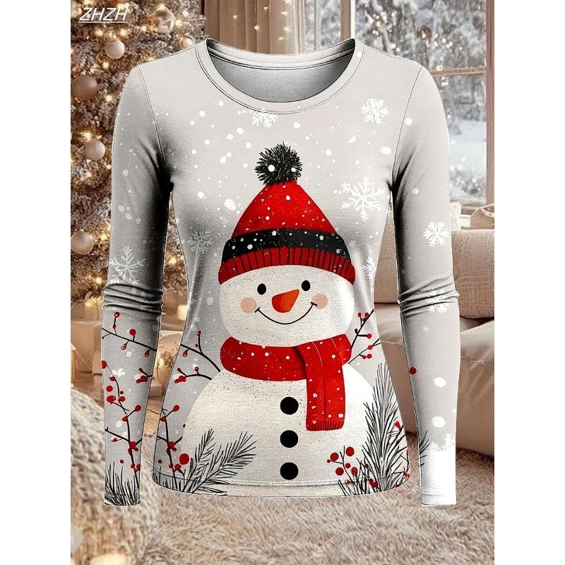 Women's Fashion Snowman Print Long Sleeve, Christmas Holiday Graphic Top, Crew Neck Casual Style, Spring Fall Winter Wear