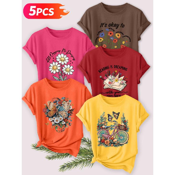 Five-piece set Elegant short-sleeved shirt for women Daisy Butterfly Print Round Neck Women's Casual Sportswear T Shirt Suitable for spring and