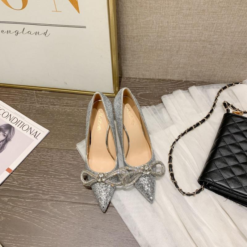 Early spring new black fine flash high heels pointed thin heels dinner sexy rhinestone bow single shoes women