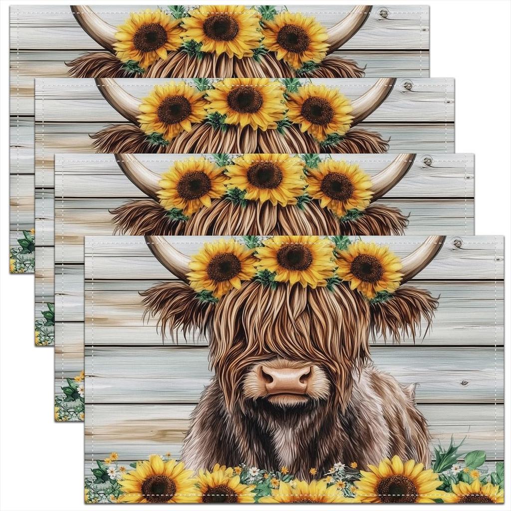 Hochlandrinder Tischsets Set of 4 18"x12" Kinder Hochlandrinder Sonnenblume Tischsets für Jungen Mädchen Teenager Tierkorn Tischset