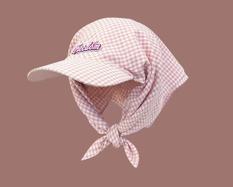 Gorro con pañuelo a cuadros de diseño coreano para sombra y protección solar al aire libre, gorra de béisbol con correa y gorra tipo pico de pato