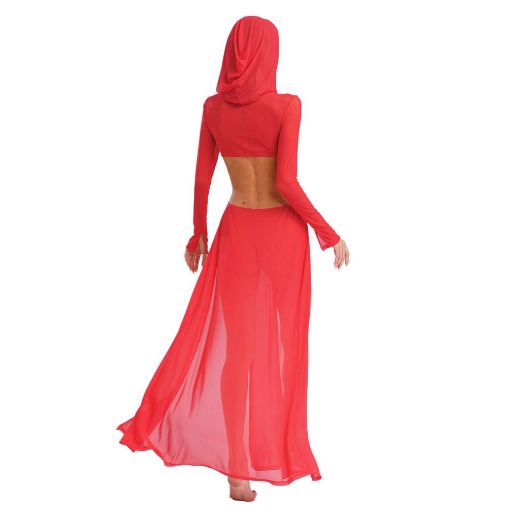 Women Sheer Maxi Dress High Slit Design Hooded Face Cover Long Sleeves Hollow Out Mesh Coverup Gown