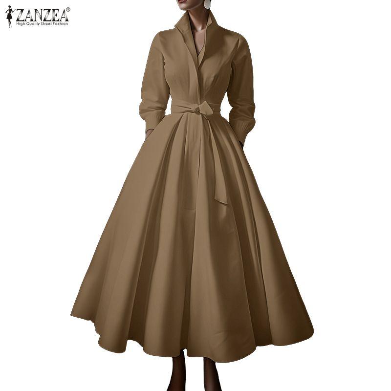 ZANZEA Women Casual Turn Down Collar Long Sleeve Long Dress