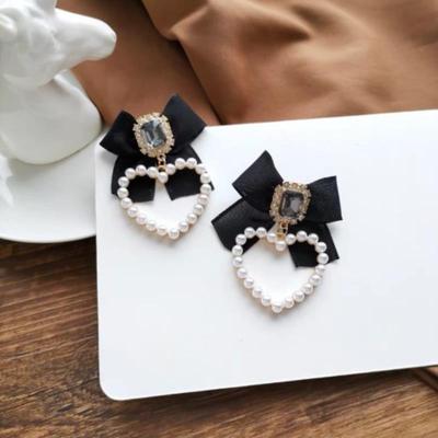 Sweet Jewelry Black Bowknot Earrings  Simulated Pearls Heart Earrings