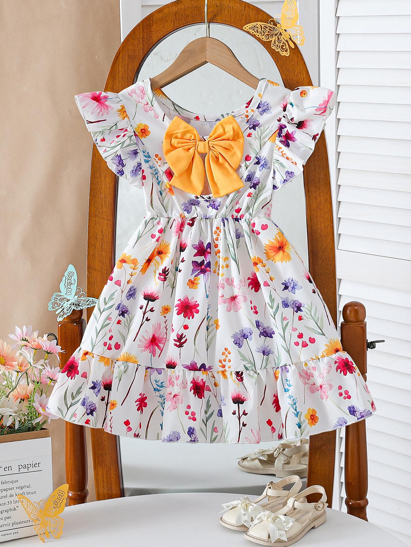 

Girls Summer Puff Sleeve Dress with Back Bow Decoration - Sweet and Trendy Hot Seller 6 Years золотистий