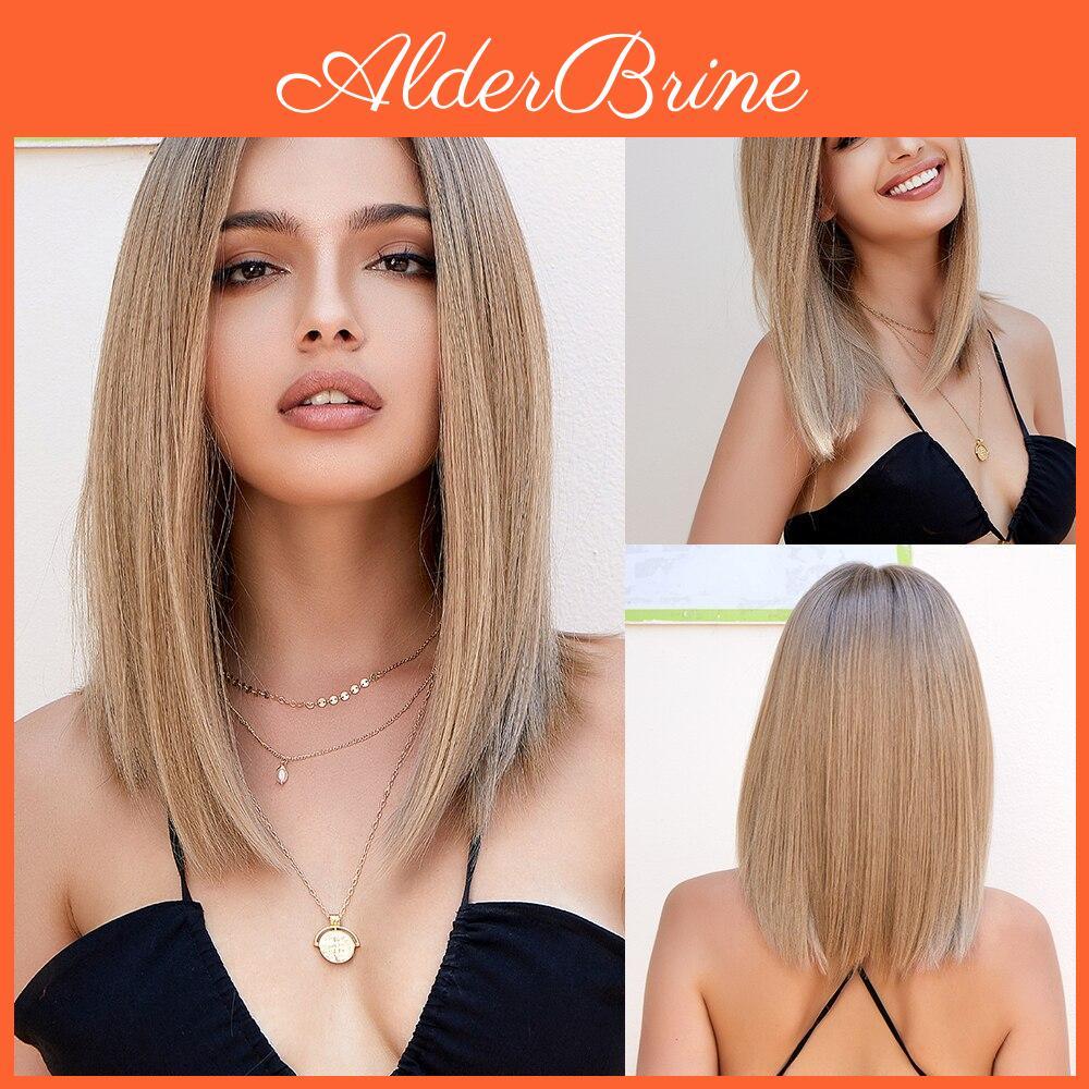 Louis Bob Ferre Short Straight Wigs Lace Front Synthetic Wigs For Women Light Brown Middle Part Lace Frontal Wig Cosplay Wig High Density