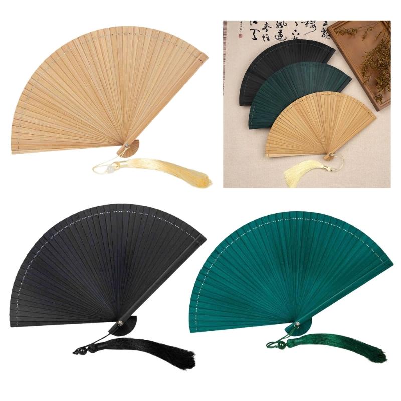 Artisanal Bamboos Folding Hand Fan Minimalists Handmade Craft Cooling Fan with Tassels Festivals Teas Ceremonies Decors