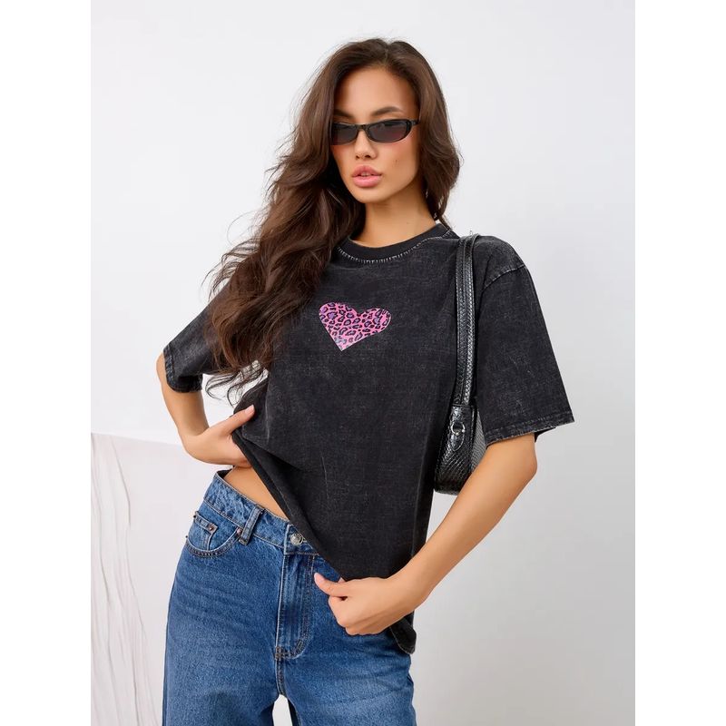 Western Style Washed Old Casual Love Heart Print Cotton T-shirt Loose Printed Cotton T-shirt