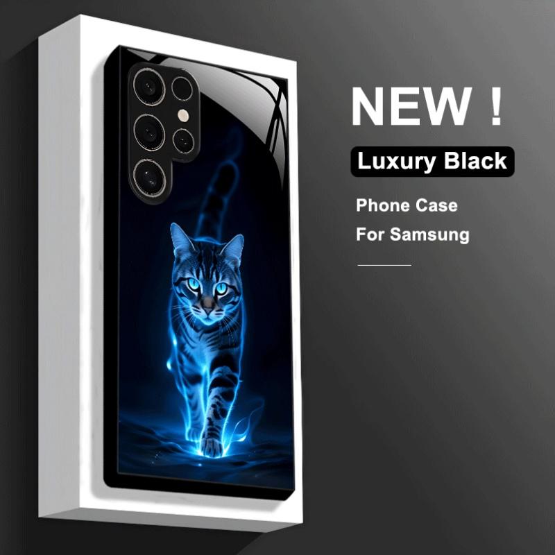 Blue Flame Cat Glass Phone Case Suitable for Samsung Galaxy S26 S25 S24 S23 S22 S20 FE/Ultra/Plus Anti Drop Back Cover