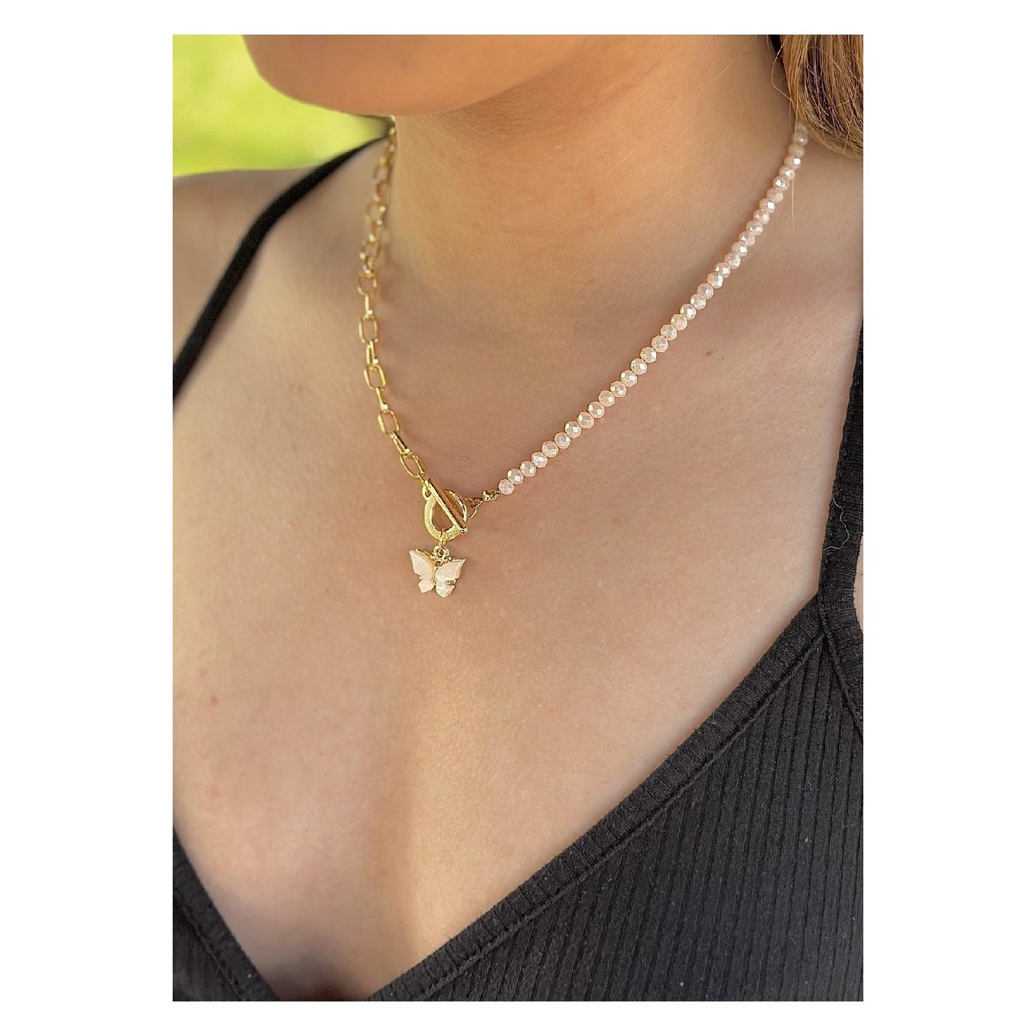 

Ожерелье в форме бабочки с кристаллами кремового цвета и цепочкой чистый