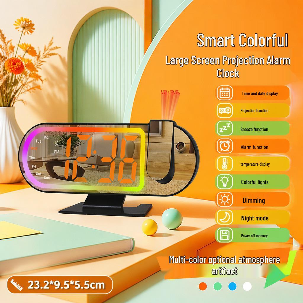 Rotating Projection Alarm Clock with Large Digital Display and Mirror Screen