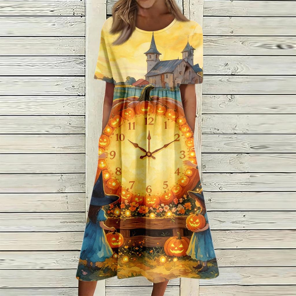 Women's Casual Round Neck Dress with Halloween Print and Pockets