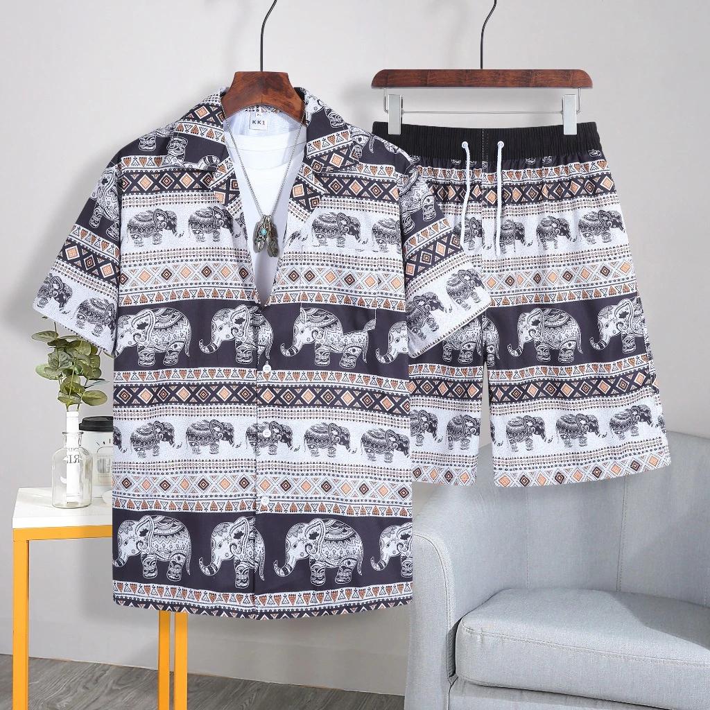 Elephant Pants Shorts Shirt Set V-neck Adjustable Elastic Waist Strap Women Men Unisex Print Thailand Casual Beach Summer Bohemian Retro Vintage