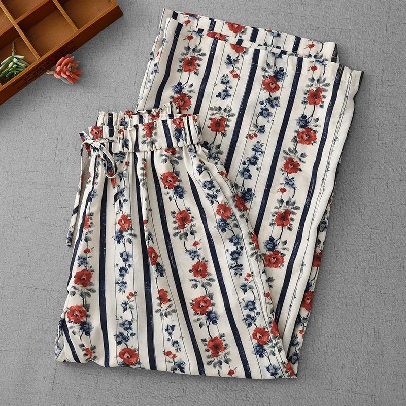 2025 summer new retro red floral wide-leg casual pants women's loose and thin vertical straight light and long pants