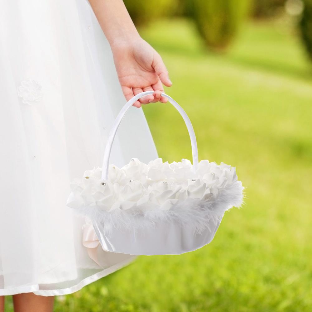 Panier à Fleurs Léger et Élégant pour Mariage de Fille avec Panier à Bonbons Décoré de Satin Blanc