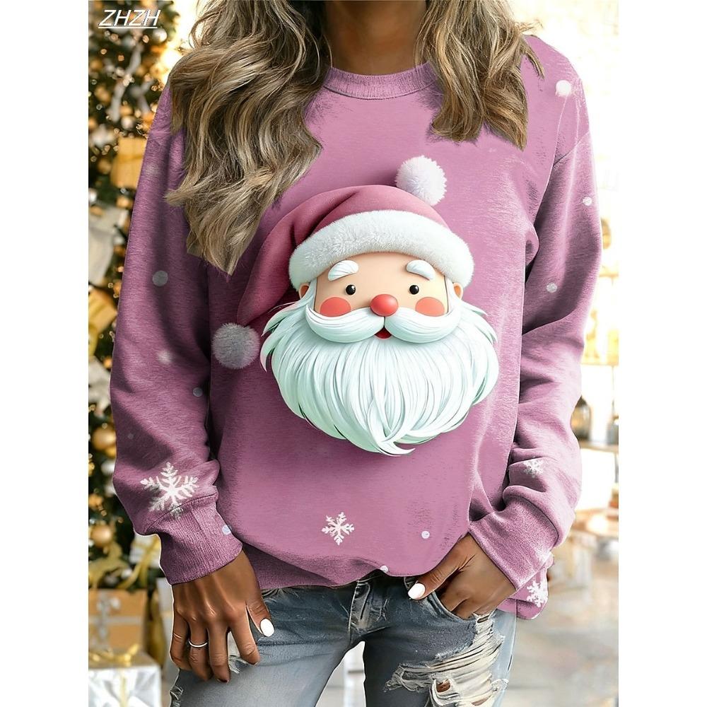 Women's Christmas Santa Graphic Pullover, Cozy Long Sleeve Crewneck, Holiday Home Street Style, Fall Winter Casual Fashion