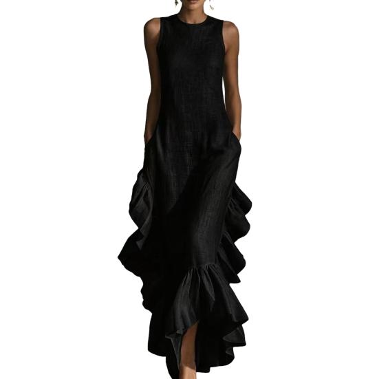 Women s Sleeveless Dress Ruched Ruffle Hem Dress Elegant Swing Dress XXL чёрный