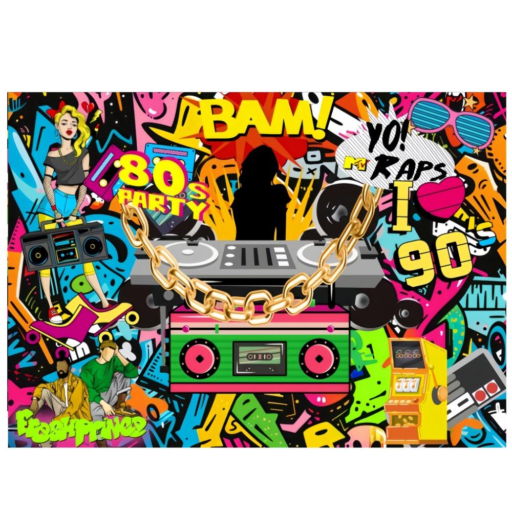 Back To 80's Theme Party Decoration 80's Party Banner Music Disco Backdrops Graffiti Neon Glow Photography Backgrounds Decor