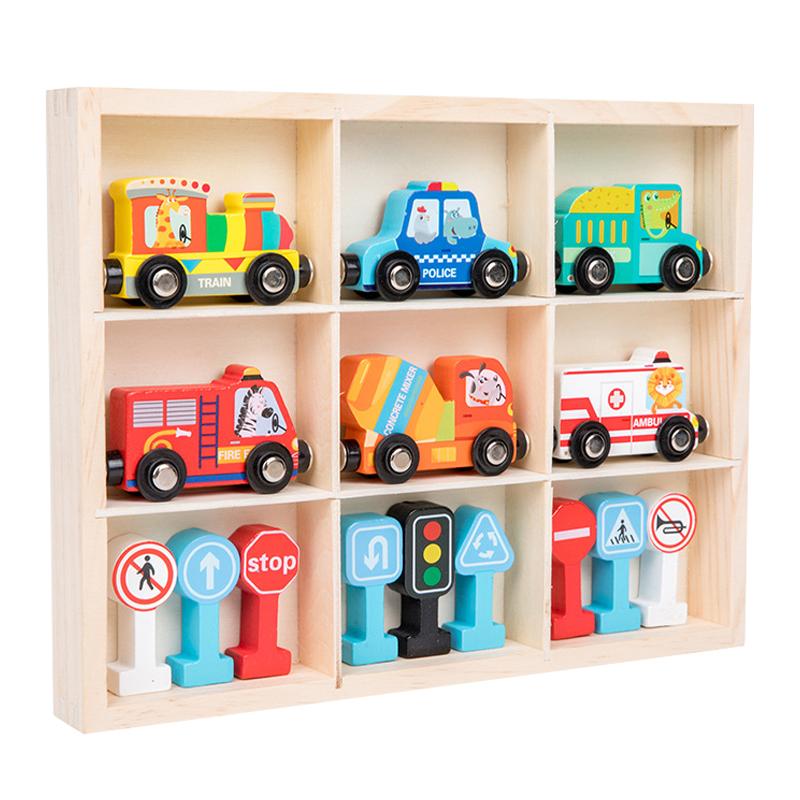 Montessori Wooden Toys Magnetic Small Train DIY Traffic Sign Recognition Vehicle Cognition Car Models Children Educational Toys