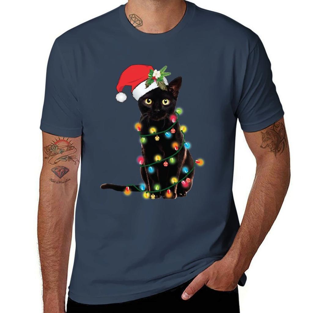 Santa Black Cat Tangled Up In Christmas Tree Lights Holiday T-shirt Man Tshirt Funny T Shirts Cotton T-shirt