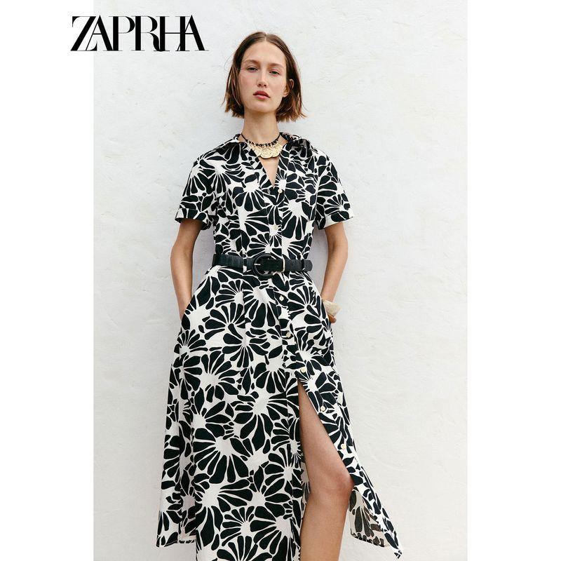 Zaprha 2025 Summer New With Belt Knotted Print Lapel Poplin Midi Dress 5029127