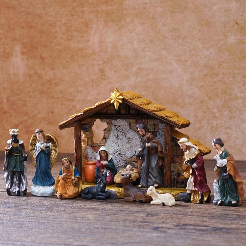 Statuine Presepe di Natale Resine Statua Scena Natività con Stalla Statua Sacra Famiglia Centrotavola Decorazioni per la Casa