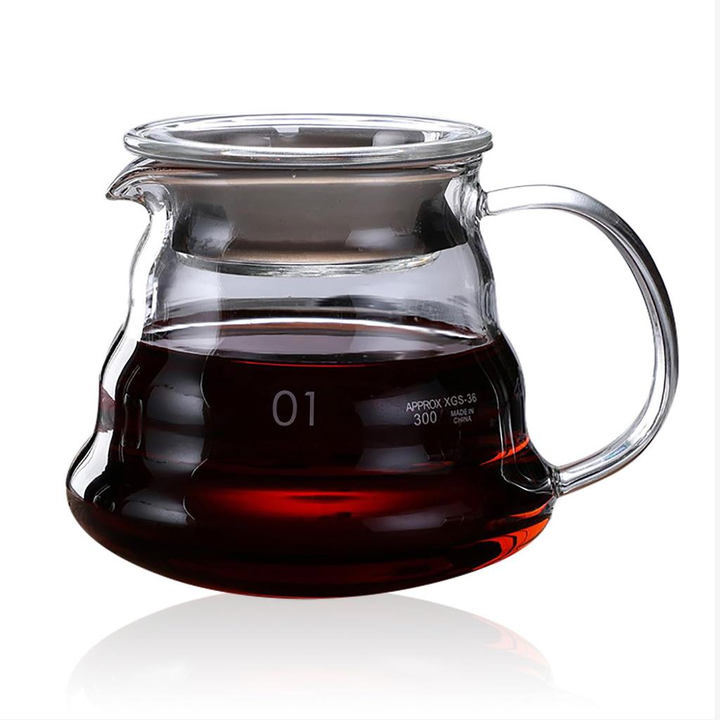 FGIUKC Coffee Server, Heat-Resistant Glass, 360ml Coffee Dripper with Graduations, Serves 1-2 People, Microwave Safe, with Lid, Hand Drip Coffee