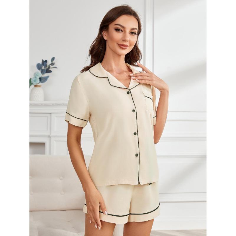 Women Short Sleeve Open Front Cardigan And Shorts Two Piece Pajama Set Casual Home Sleepwear