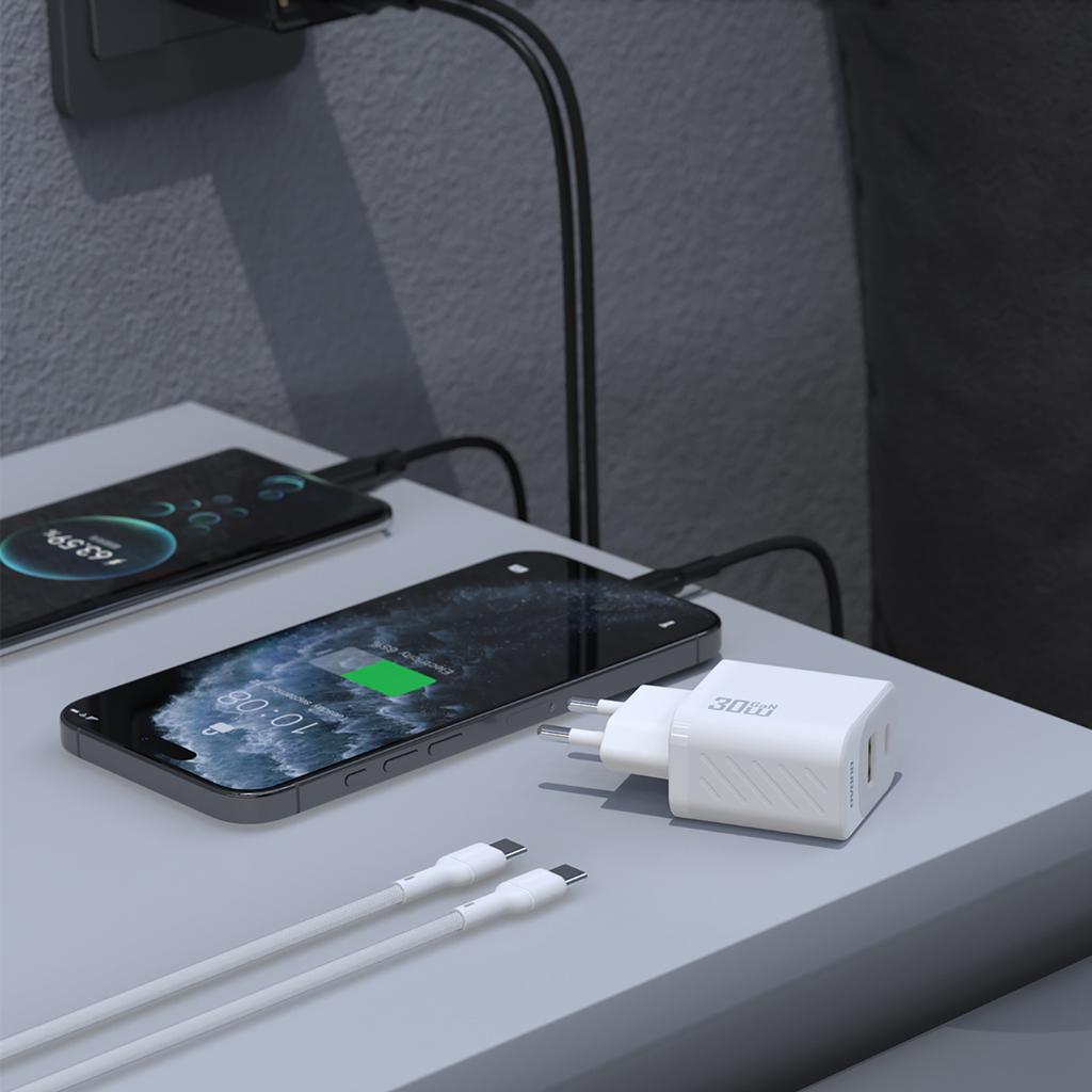 Ładowarka Sieciowa USB-A USB-C Z Kablem USB-C GaN PD 30W - Biała