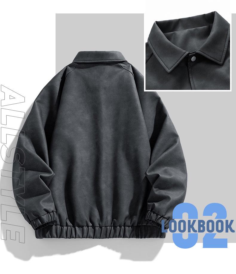 Men's Plus Size PU Leather Jacket - Hong Kong Style Autumn/Winter, Lapel, Pure Color, Casual Couple Outerwear for Chubby Individuals