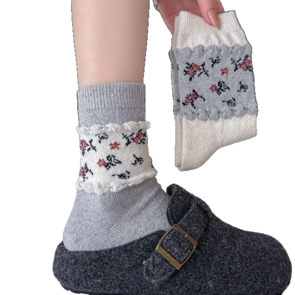 New Autumn And Winter Stacking Socks Children Mori Floral Sweet Sister Warm Medium Tube Calf Socks Contrasting Color Boneless Soft Waxy Cotton Socks