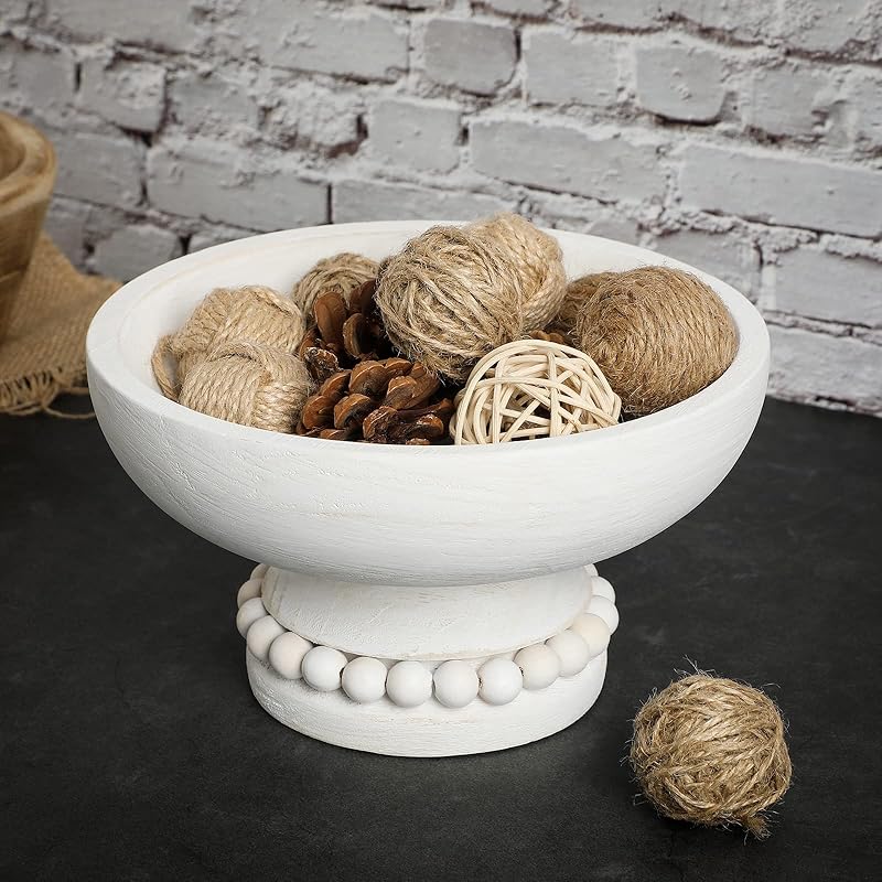 Amyhill Distressed Beaded Wood Pedestal Bowl Decorative Wooden Beaded Bowl Wood Pedestal Bowl Serving Bowl for Farmhouse Kitchen Decor(White)