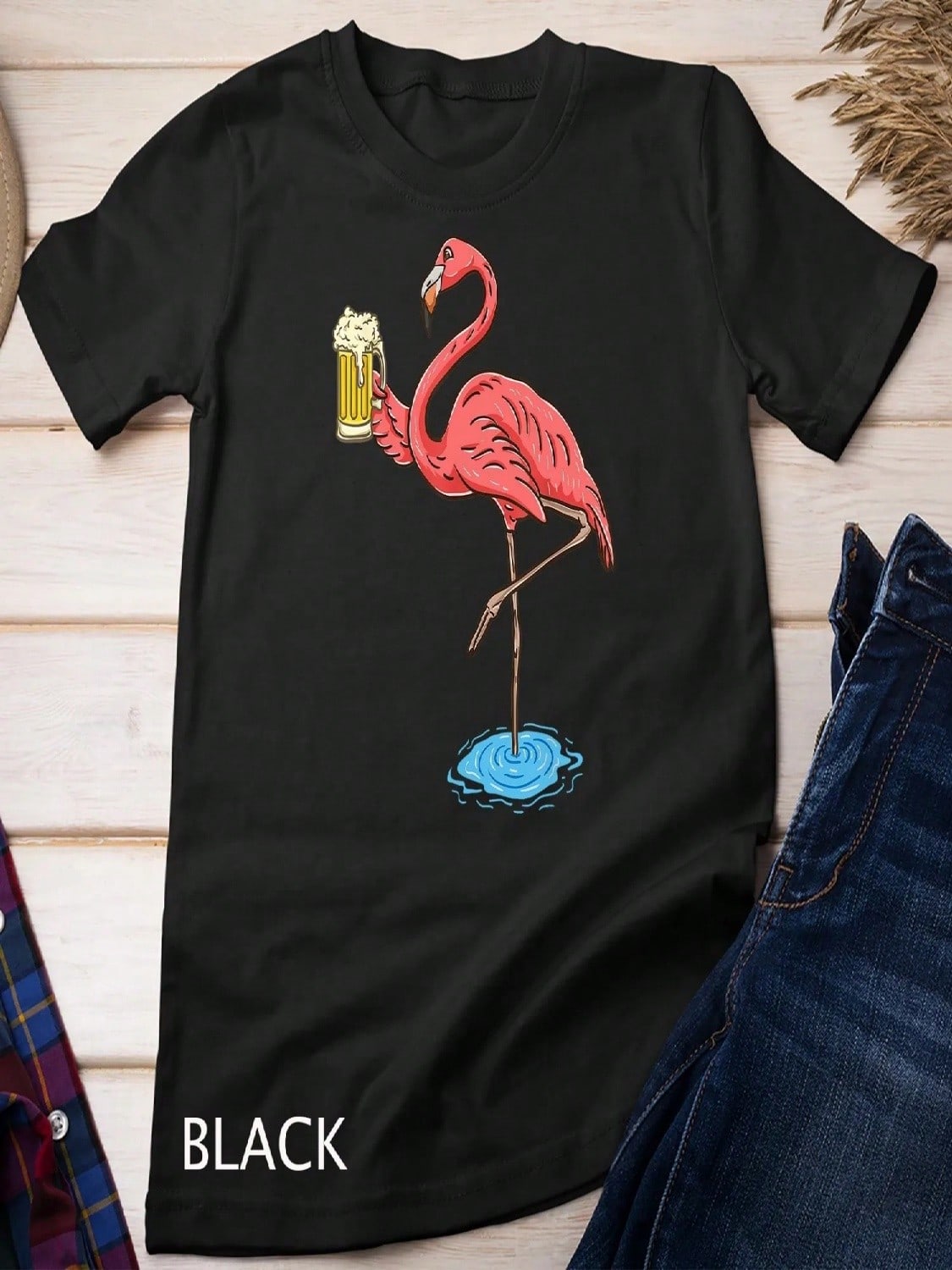 Flamingo Drinking Beer T Shirt S разноцветный
