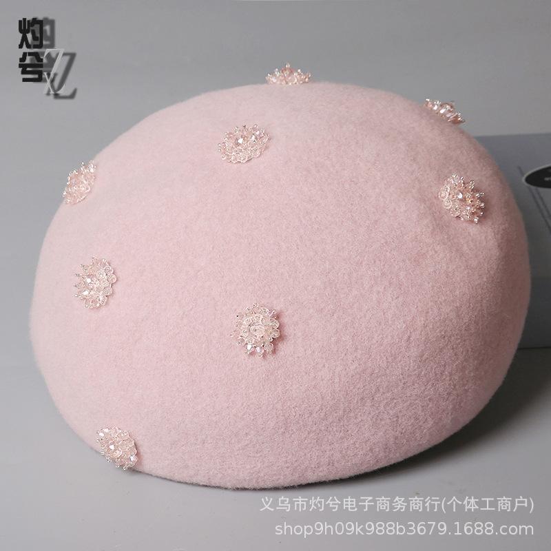 Hand-sewn pure wool beret women's autumn and winter fashion warm painter hat foreign elegant versatile pumpkin hat tide