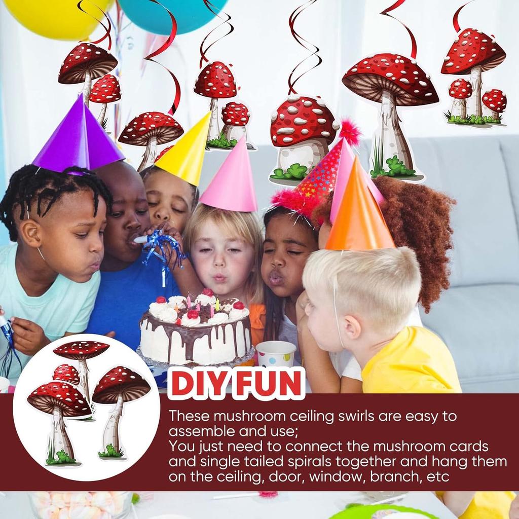 30 Pieces Birthday Party Decorations Mushroom Hanging Swirls Ceiling Streamers Mushroom Party Supplies Wonderland Foil Swirls Wall Decor for Baby