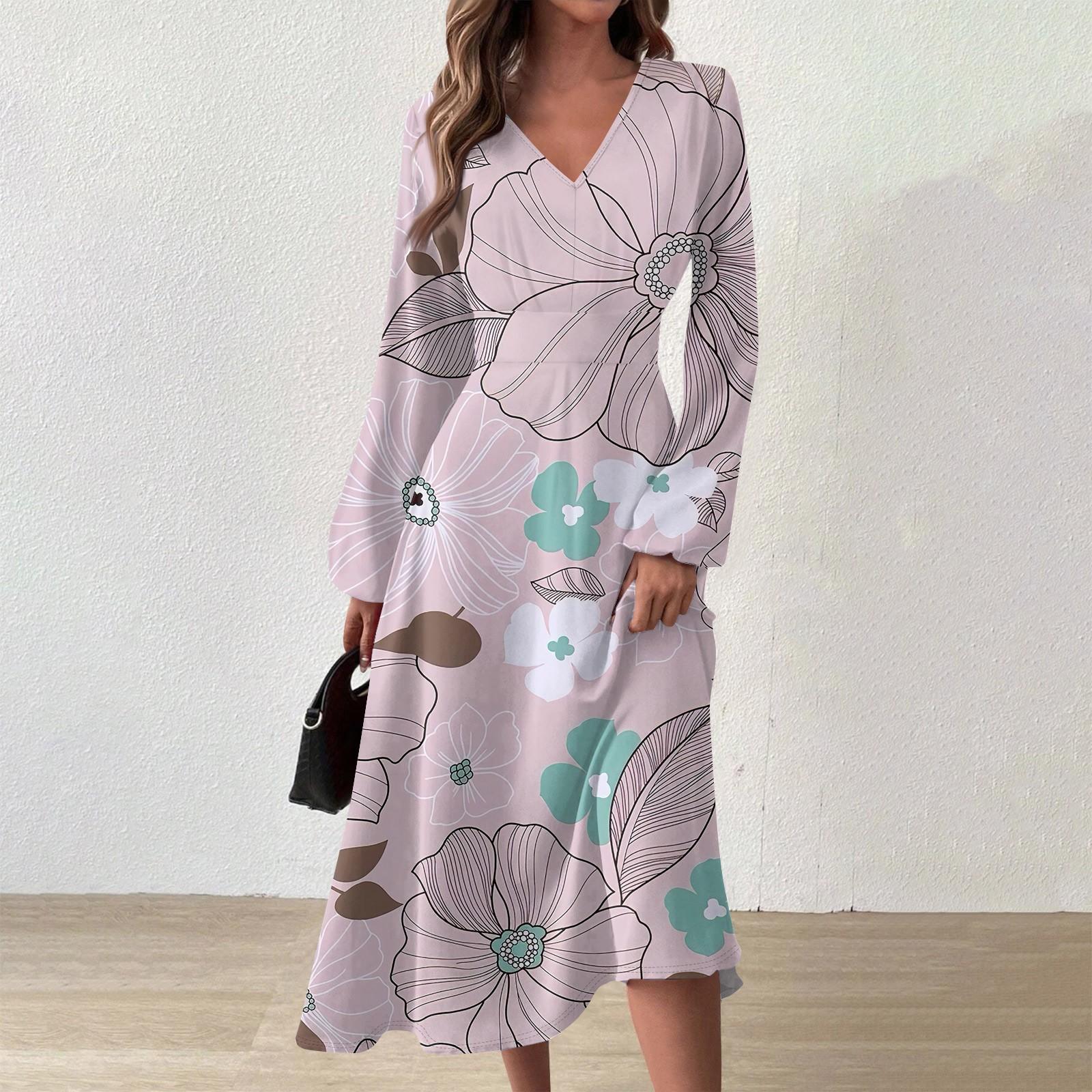 

Жіноча осінньо-зимова повсякденна модна довга сукня з V-подібним вирізом і довгими рукавами з квітковим принтом S