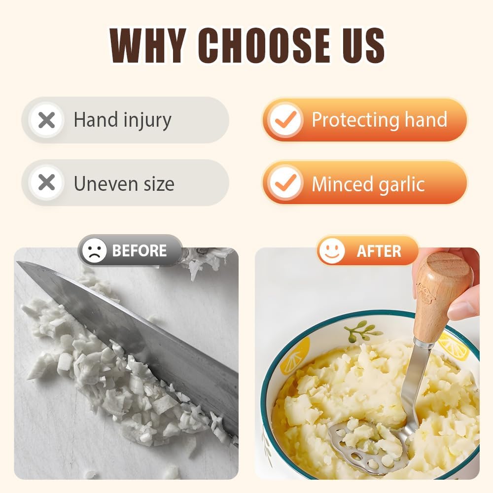 High Performance Mini Masher Set, Stainless Steel Potato Smasher Tool with Wooden Handle, Small Food Masher for Potatoes, Beans, Meat, Vegetables