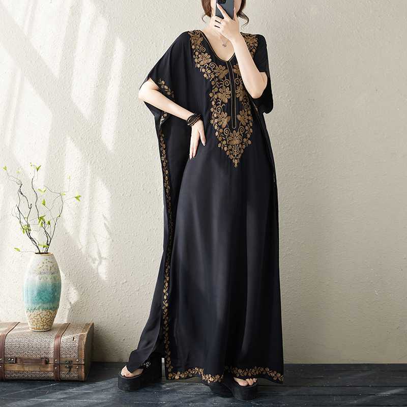 Női Plus Size Laza Hímzett Hosszú Ruhák Nyári V-nyakú Vintage Strand Bohém Ünnepi Ruha