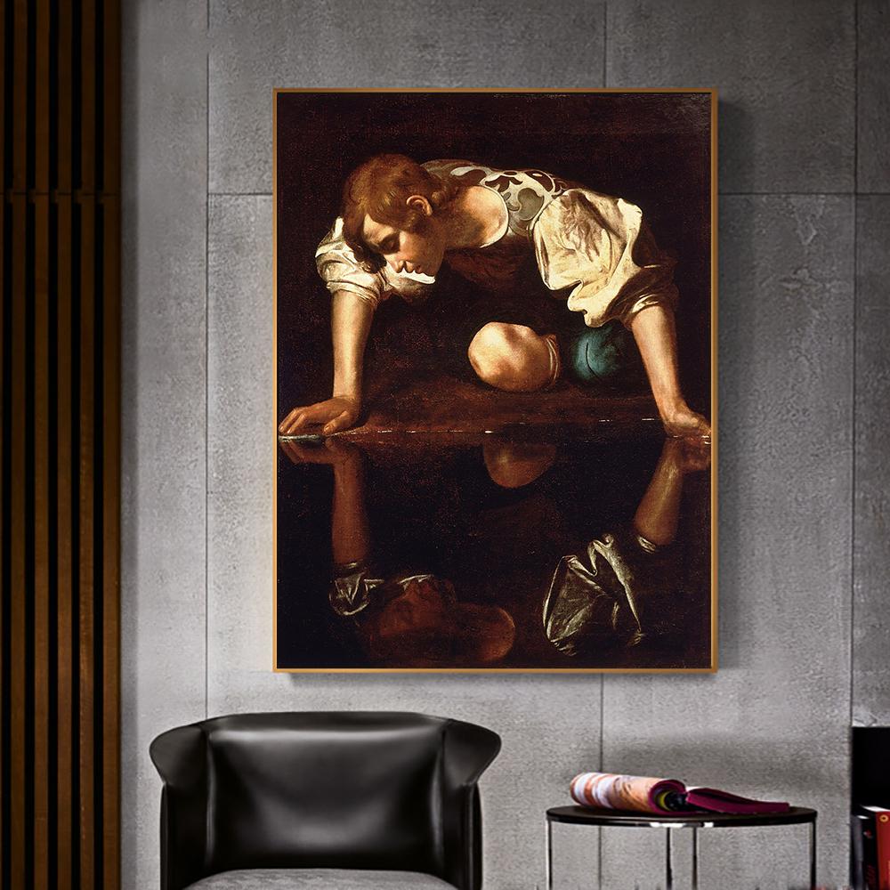 Caravaggio Narcissus Painting Canvas Print Wall Vintage Art Poster Inverted Image Picture for Living Room Home Decor Cuadros