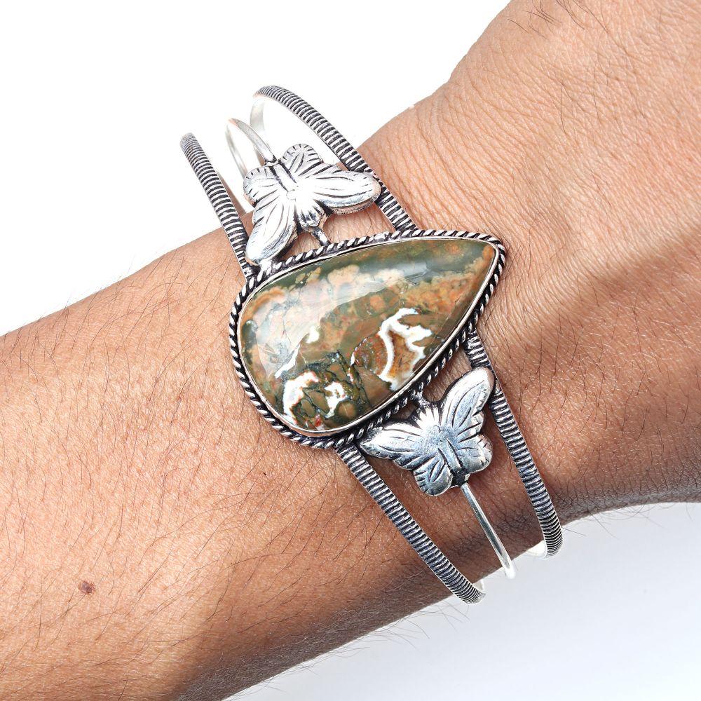 Rainforest Jasper Gemstone Handmade Silver Jewelry Cuff Bracelets 7''Adjustable